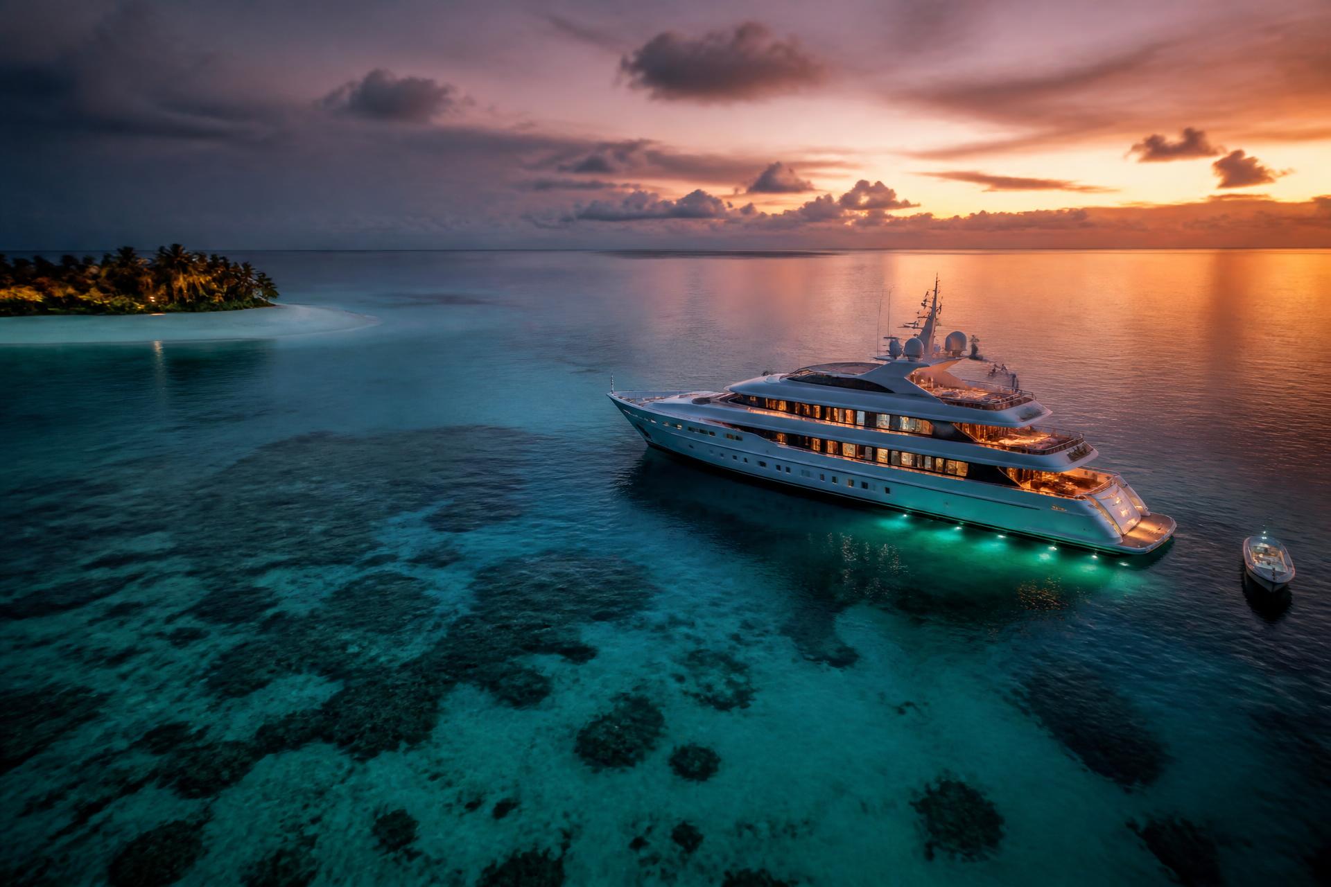 White Pearl anchored at a Maldivian atoll at sunset